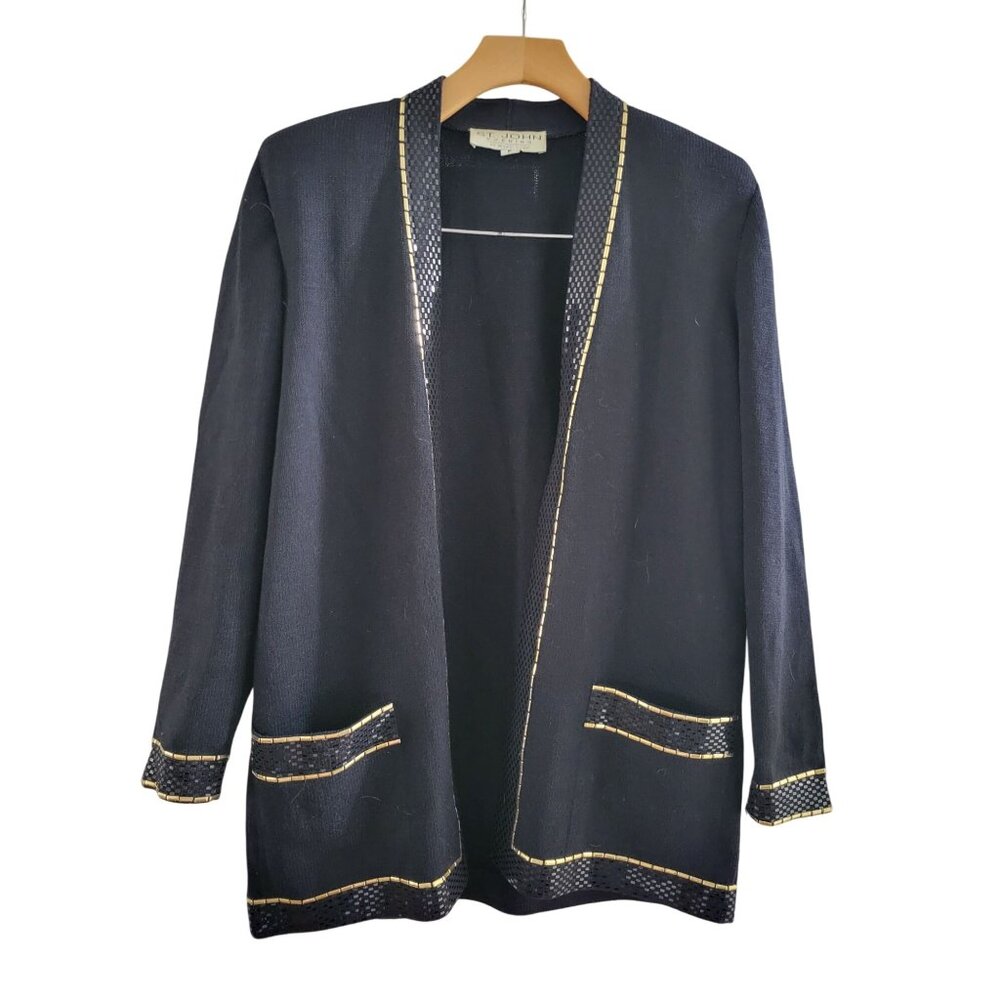 St John Evening Black Cardigan Santana knit Wool blend size Petite beaded Vintge
